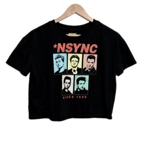 NSYNC Band Tee Womens Size XS Black Cropped Color Block Member Graphic T-Shirt